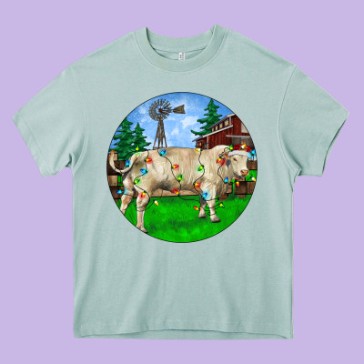 Christmas Charolais Bull And Barnyard Heavy Core Tee Designed By Ranaportraitstore