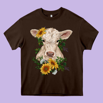 Charolais Calf With Sunflowers Heavy Core Tee Designed By Ranaportraitstore