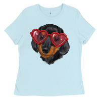 Baby Blue Dachshund with love glasses Ladies Tee - RanaPortraitStore