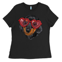 Black Dachshund with love glasses Ladies Tee - RanaPortraitStore