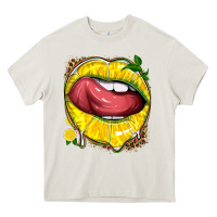 Cream lemon lips with leopard Heavy Core Tee - texasbilliewilder
