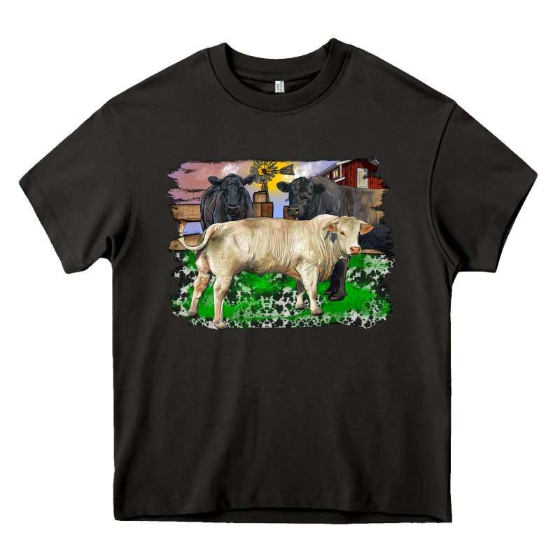 Charolais Bull Black Angus Cattle And Bull With Barnyard And Cowhide Heavy Core Tee by RanaPortraitStore | Teevron