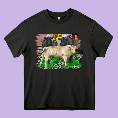 Charolais Bull Black Angus Cattle And Bull With Barnyard And Cowhide Heavy Core Tee Designed By Ranaportraitstore