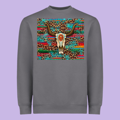 Western Serape Leopard Bull Skull Turquoise Tumbler Heavyweight Sweatshirt Designed By Artiststas
