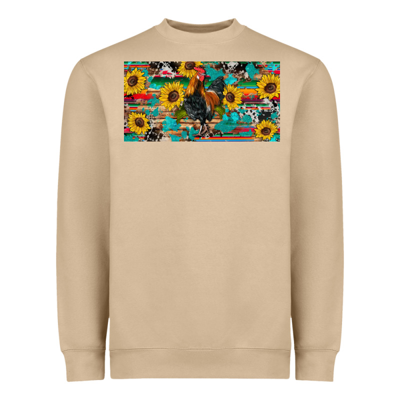 Western Coop Animals Rooster Sunflowers Cowhide Wooden Serape Glitter Heavyweight Sweatshirt by Artiststas | Teevron