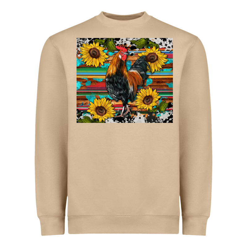 Western Coop Animals Rooster Sunflowers Cowhide Wooden Serape Glitter Heavyweight Sweatshirt by Artiststas | Teevron