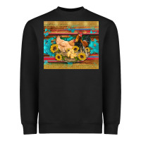 Black western coop animals farm chicken chick rooster sunflowers wooden sera Heavyweight Sweatshirt - Artiststas