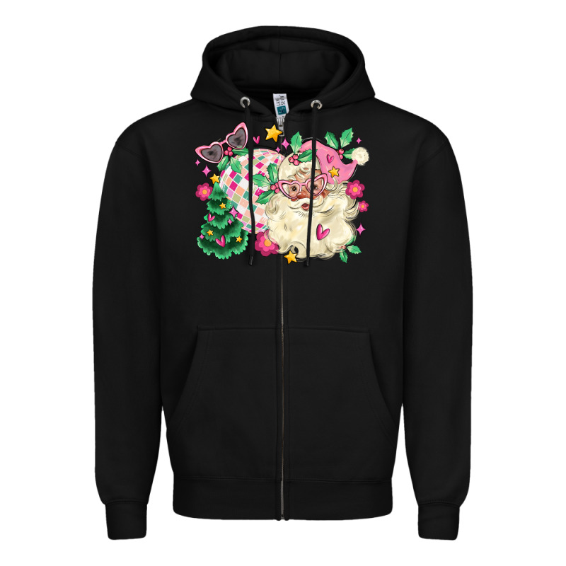 Pink Santa And Disco Ball With Christmas Tree Zipper Hoodie by MaliasSmallBusiness | Teevron