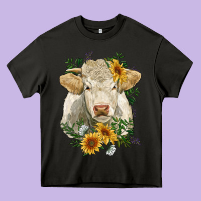 Charolais Cattle With Sunflowers Heavy Core Tee Designed By Ranaportraitstore