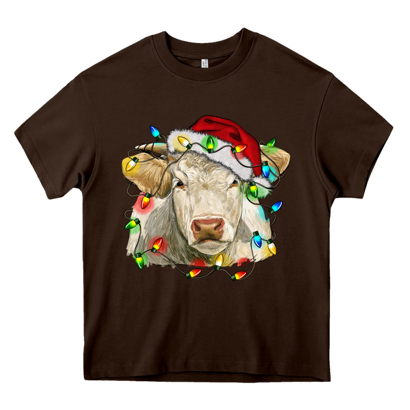 Charolais Cattle Cow With Christmas Lights And Hat Heavy Core Tee by RanaPortraitStore | Teevron