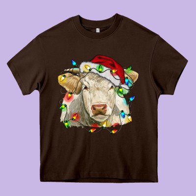 Charolais Cattle Cow With Christmas Lights And Hat Heavy Core Tee Designed By Ranaportraitstore