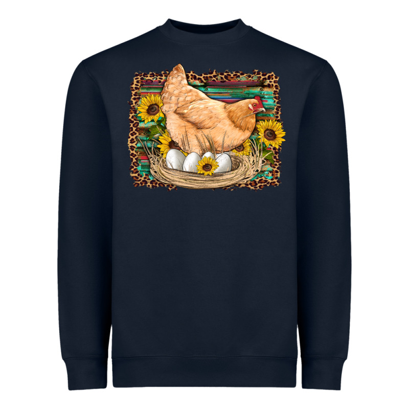 Western Farm Chicken Coop Animals Eggs Sunflowers Leopard Serape Woode Heavyweight Sweatshirt by Artiststas | Teevron