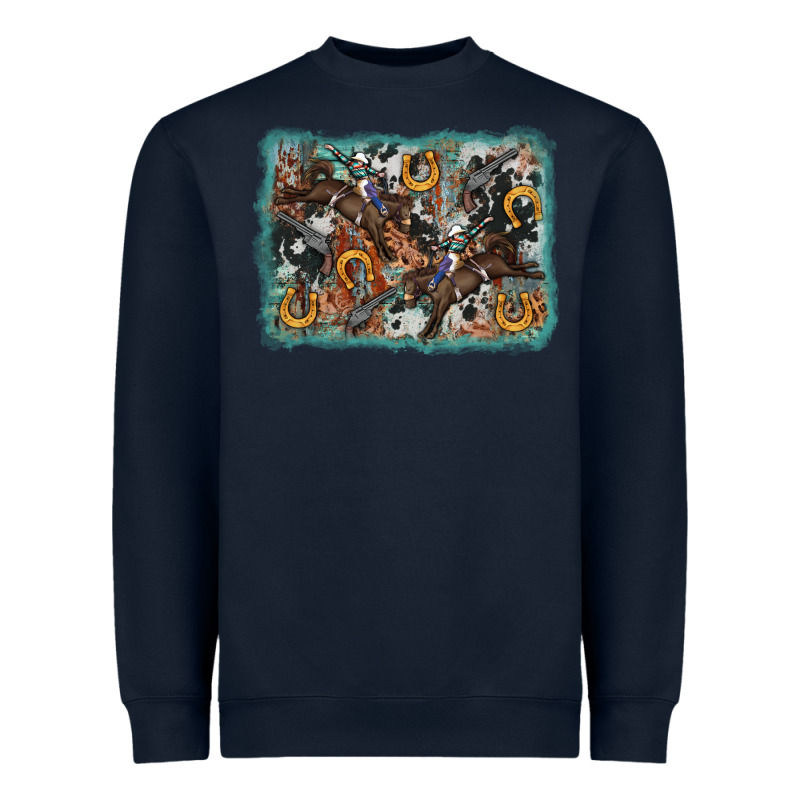Bucking Bronco Rodeo Revolver Western Background Heavyweight Sweatshirt by AdoDesignShop | Teevron