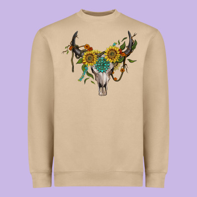 Boho Bullskull With Sunflower And Gemstone Heavyweight Sweatshirt Designed By Artiststas