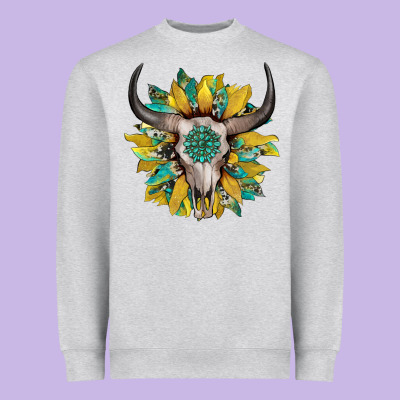 Boho Bullskull With Sunflower And Gemstone Heavyweight Sweatshirt Designed By Artiststas