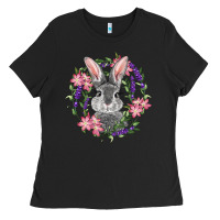 Black Easter Bunny With Floral Wreath Ladies Tee - RanaPortraitStore
