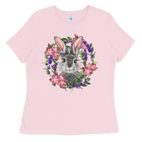 Bubblegum Pink Easter Bunny With Floral Wreath Ladies Tee - RanaPortraitStore