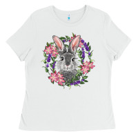 White Easter Bunny With Floral Wreath Ladies Tee - RanaPortraitStore