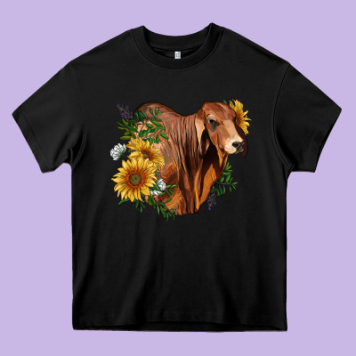 Brahman Bull With Sunflowers Heavy Core Tee Designed By Ranaportraitstore