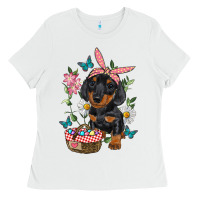 White Easter Dachshund Ladies Tee - RanaPortraitStore