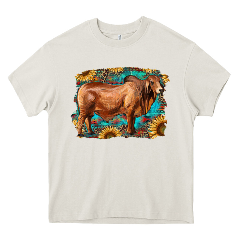 Brahman Bull With Aztec Sunflower And Leopard Background Heavy Core Tee by RanaPortraitStore | Teevron