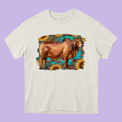 Brahman Bull With Aztec Sunflower And Leopard Background Heavy Core Tee Designed By Ranaportraitstore