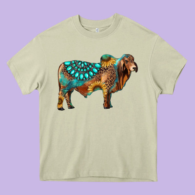 Brahman Bull Gemstone Turquoise And Sunflower Heavy Core Tee Designed By Ranaportraitstore