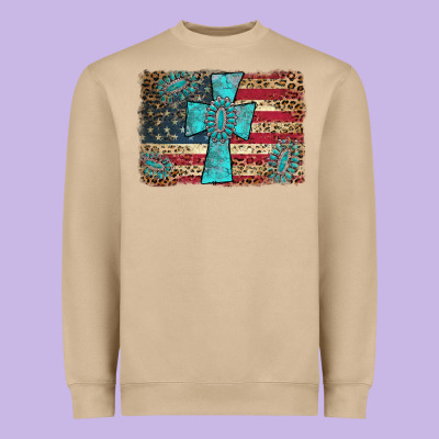 Flag And Turquoise Cross Heavyweight Sweatshirt Designed By Adodesignshop