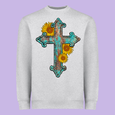 Turquoise Sunflower Cross Heavyweight Sweatshirt Designed By Adodesignshop