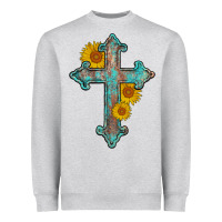 Heather Grey turquoise sunflower cross Heavyweight Sweatshirt - AdoDesignShop