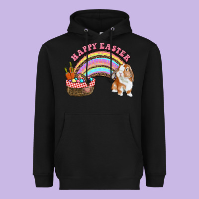 Happy Easter Bunny And Egg Basket Rainbow Heavyweight Hoodie Designed By Ranaportraitstore