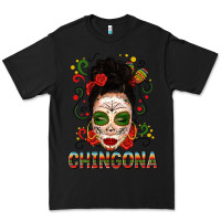 Black Mexicana Skull Girl Messy Bun Premium Tee - texasbilliewilder