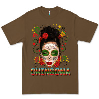 Cacao Mexicana Skull Girl Messy Bun Premium Tee - texasbilliewilder