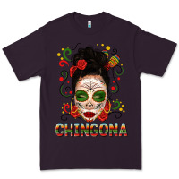 Plum Mexicana Skull Girl Messy Bun Premium Tee - texasbilliewilder
