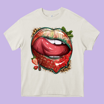 Strawberry Lips With Leopard Heavy Core Tee Designed By Texasbilliewilder