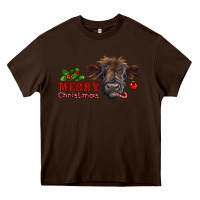 Chocolate Brown merry christmas highland calf with candy cane Heavy Core Tee - RanaPortraitStore