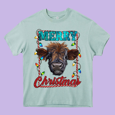 Merry Christmas Highland Calf Baby Cow Heavy Core Tee Designed By Ranaportraitstore