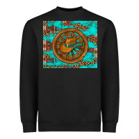 Black cowboy hat turquoise aztec background old wheel Heavyweight Sweatshirt - Artiststas