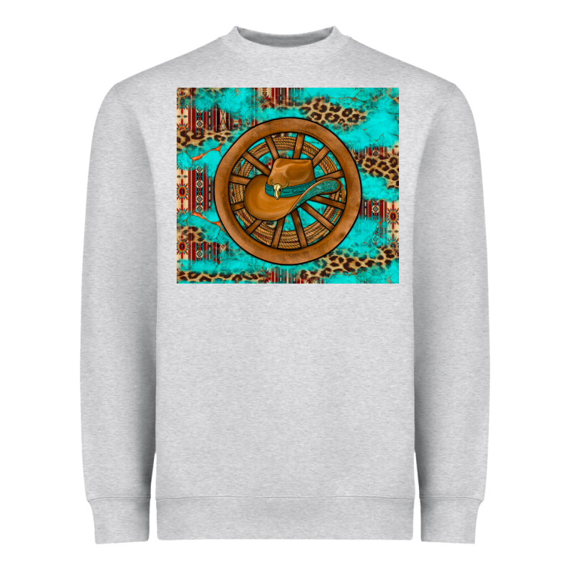 Cowboy Hat Turquoise Aztec Background Old Wheel Heavyweight Sweatshirt by Artiststas | Teevron