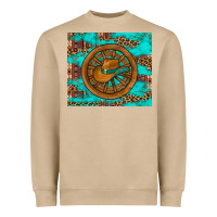 Mushroom cowboy hat turquoise aztec background old wheel Heavyweight Sweatshirt - Artiststas