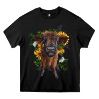 Black highland cow with sunflower Heavy Core Tee - RanaPortraitStore