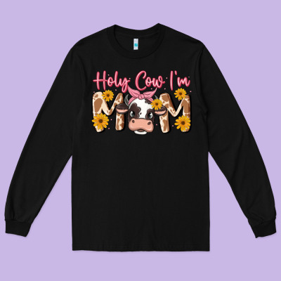 Holy Cow I'm Mom Long Sleeve Tee Designed By Maliassmallbusiness