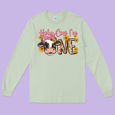 Holy Cow I'm One Long Sleeve Tee Designed By Maliassmallbusiness