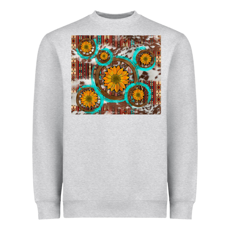 Sunflowers And Western Old Wheel Aztec Cowhide Background Heavyweight Sweatshirt by Artiststas | Teevron