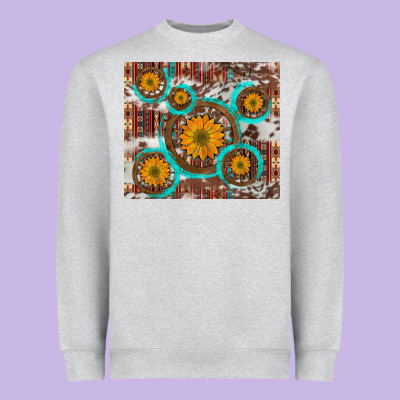 Sunflowers And Western Old Wheel Aztec Cowhide Background Heavyweight Sweatshirt Designed By Artiststas