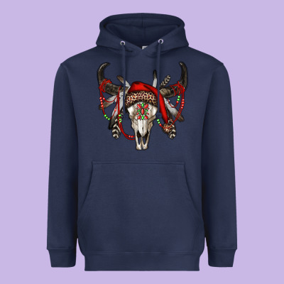 Western Christmas Bull Skull Heavyweight Hoodie Designed By Ranaportraitstore