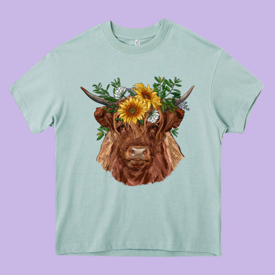 Highland Cow With Sunflowers Heavy Core Tee Designed By Ranaportraitstore