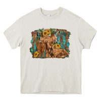 Cream highland cow family cattle and calf with sunflower and turquoise backg Heavy Core Tee - RanaPortraitStore