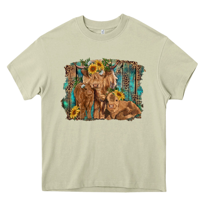 Highland Cow Family Cattle And Calf With Sunflower And Turquoise Backg Heavy Core Tee by RanaPortraitStore | Teevron