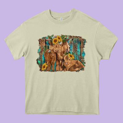 Highland Cow Family Cattle And Calf With Sunflower And Turquoise Backg Heavy Core Tee Designed By Ranaportraitstore
